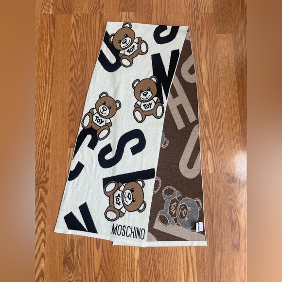 Moschino Accessories - Moschino Teddy Bear Scarf Knit Logo Shawl Brown White